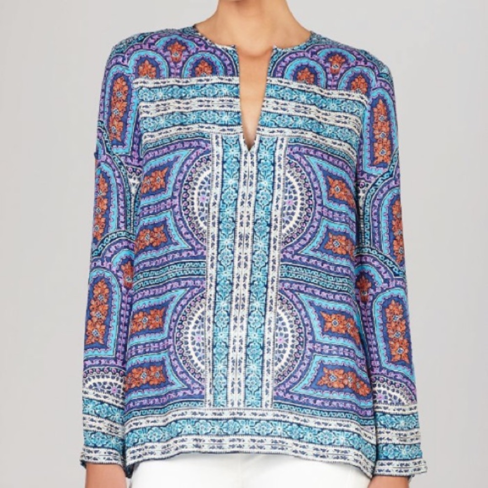 BCBGMAXAZRIA Haida Long Sleeve Turquoise Printed Top | S